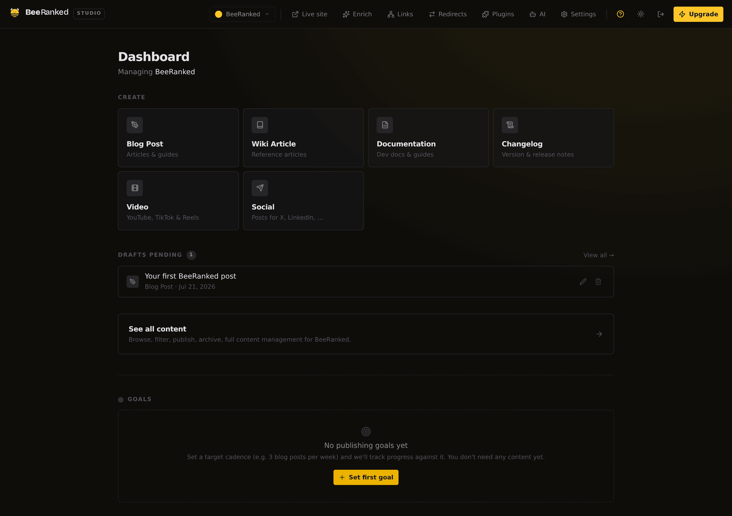 The BeeRanked dashboard, where your publishing goals and progress appear alongside page health.